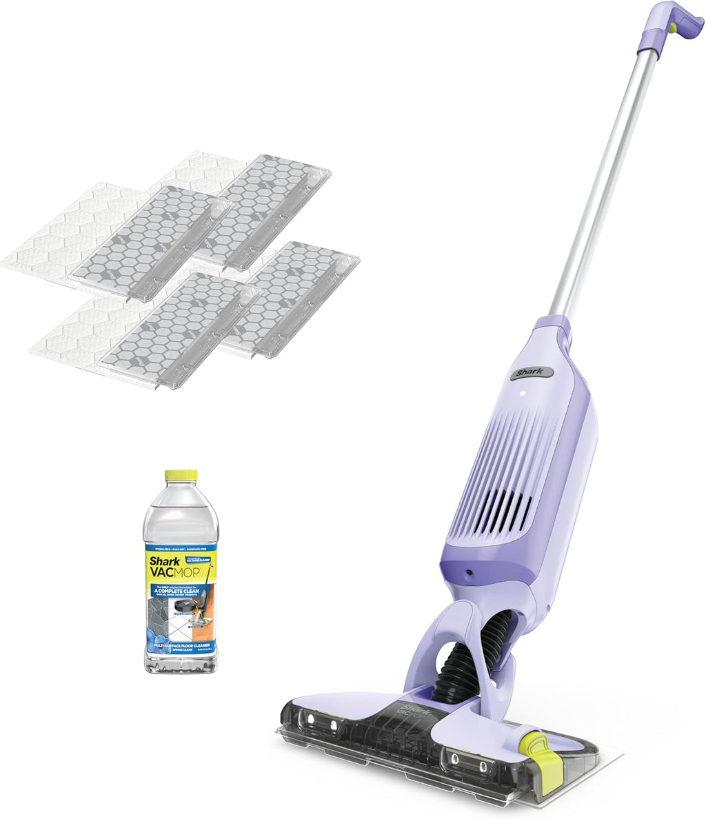 Shark VACMOP Cordless Hard Floor Cleaner, Vacuum and Spray Mop, Powerful Suction, Lightweight, LED Headlights, Includes 4 Disposable Pads, 12oz Multi-surface Cleaning Solution, Lavender, VM252PL