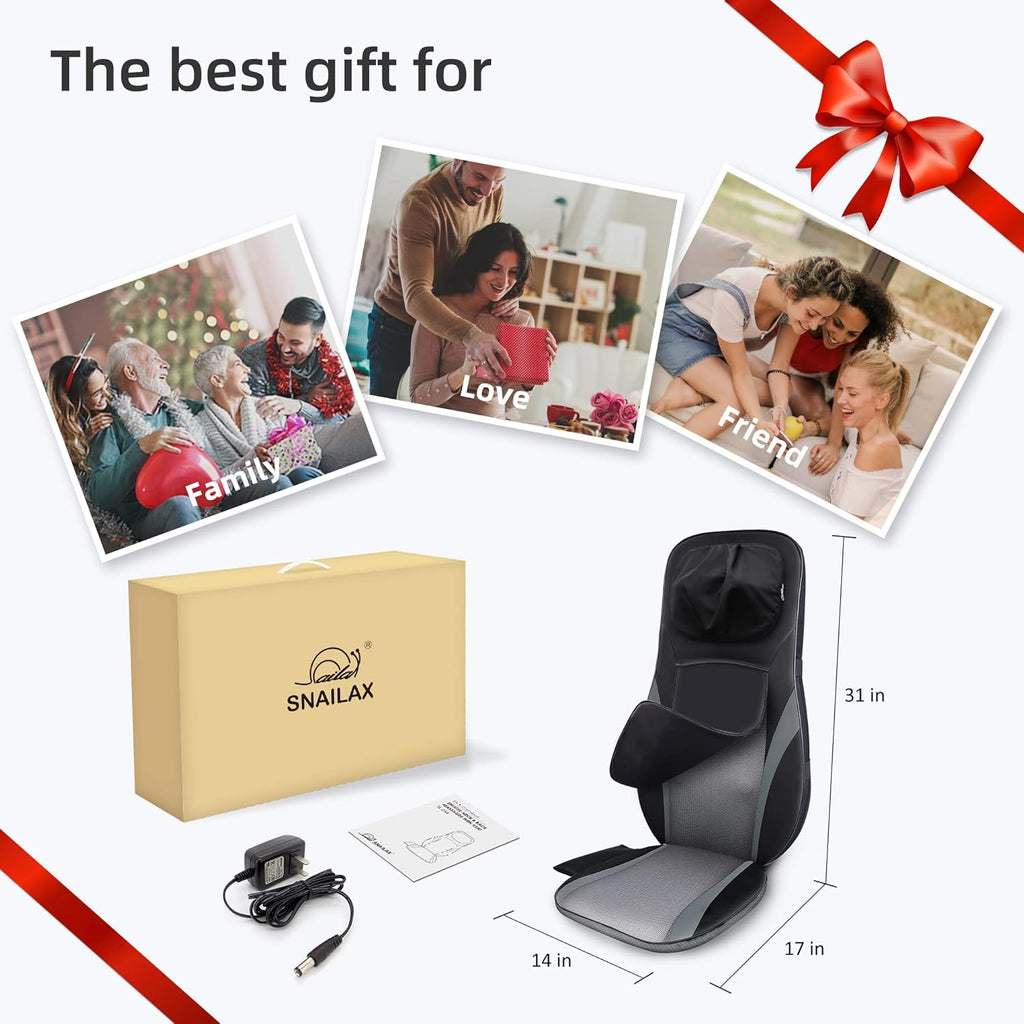 Snailax Shiatsu Back Massager with Heat -Deep Kneading Massage Chair Pad with Adjustable Intensity, Shiatsu Chair Massager to Relax Full Body Muscle，Gift for Mother
