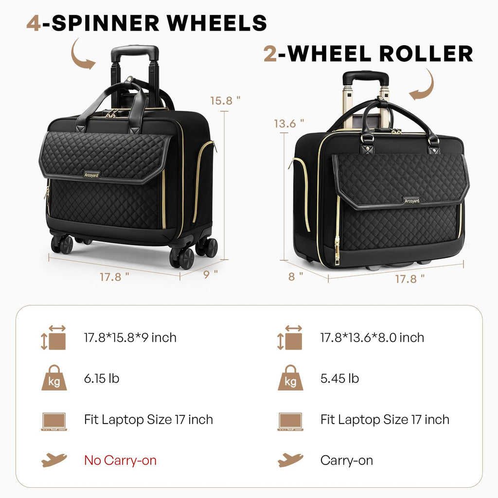 Rolling Laptop Bag for Women with 4 Spinner Wheels, 17 Inch Rolling Briefcase for Women with Lock, Waterproof Rolling Computer Bag with 11 Pockets & Padded Laptop Sleeve for Work Travel, Black