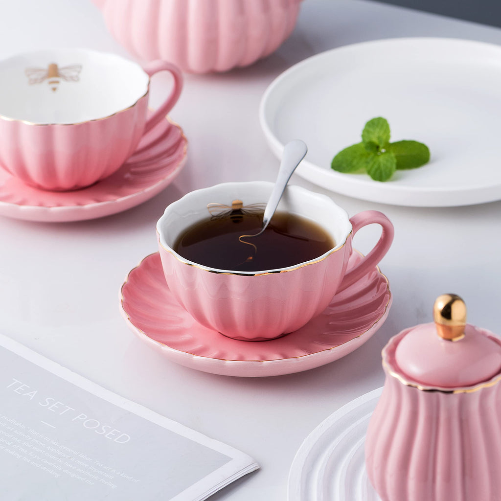 Jusalpha Serve for 6- Fine China Pink Coffee Cup/Teacup Set, 8 OZ Cups& Saucer, with Teapot-Sugar Bowl-Cream Pitcher Teaspoons and tea strainer for Tea/Coffee (Lavender, Serve of 6)