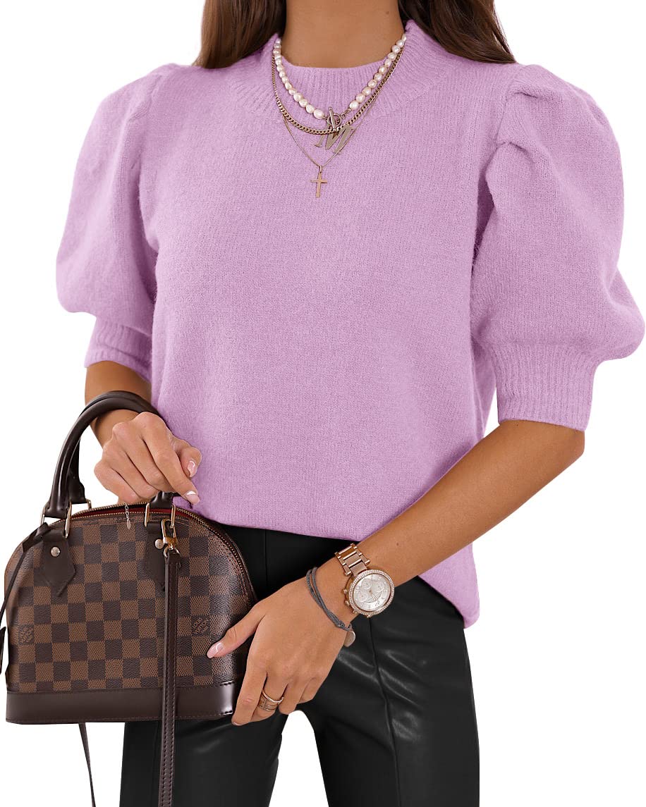 Women's Puff Short Sleeve Sweater Tops 2025 Summer Fall Trendy Knit Crew Neck Casual T Shirts Blouses
