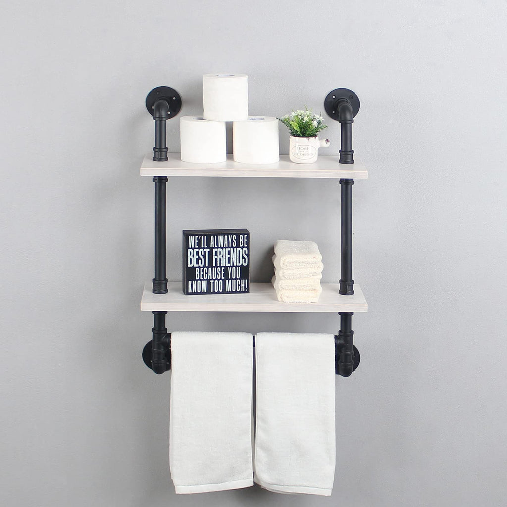 MBQQ Industrial Pipe Shelf Bathroom Shelves Wall Mounted,19.6in Rustic Wood Shelf with Towel Bar,1 Tier Farmhouse Towel Rack,Pipe Shelving Floating Shelves Towel Holder,Black & White
