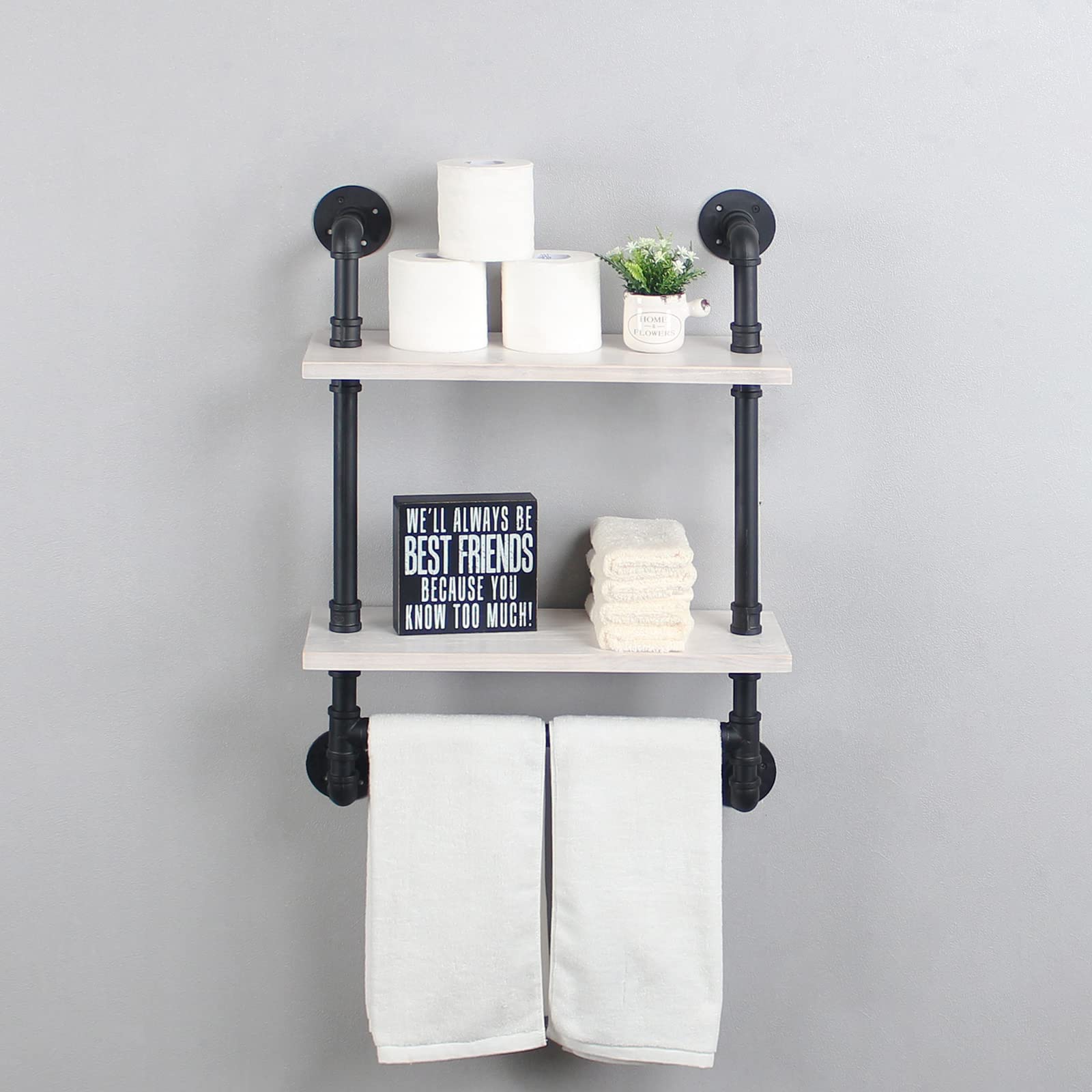 MBQQ Industrial Pipe Shelf Bathroom Shelves Wall Mounted,19.6in Rustic Wood Shelf with Towel Bar,1 Tier Farmhouse Towel Rack,Pipe Shelving Floating Shelves Towel Holder,Black & White