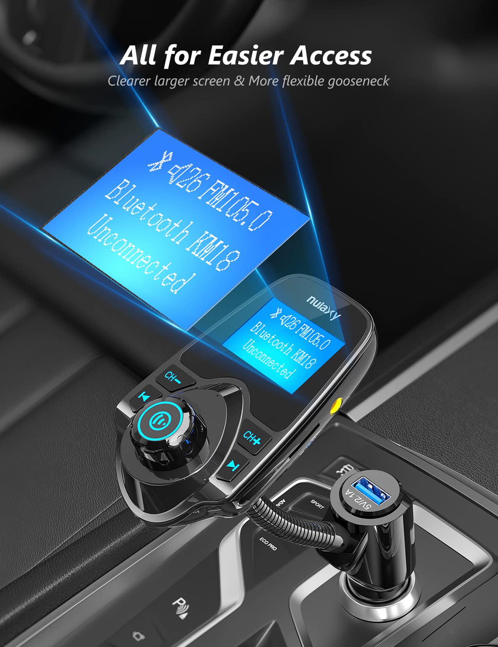Nulaxy KM18 Bluetooth 5.4 Car Adapter with 1.44" Clear Display & Flexible Gooseneck - FM Radio Transmitter & Bluetooth Receiver for Hands-Free Calls, Wireless Music via BT/FM/AUX/TF, USB Car Charger