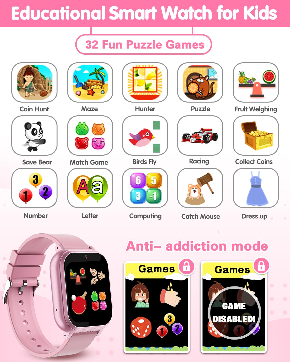 Kids Waterproof Smart Watch Boys Toys Age 5-12 with 32 Games, Dual Camera, Habit Tracking, Music Player, Video, Alarm Clock, HD Touchscreen Watch for Kids Birthday Gift for 3-12 Years Old Boys(Black)