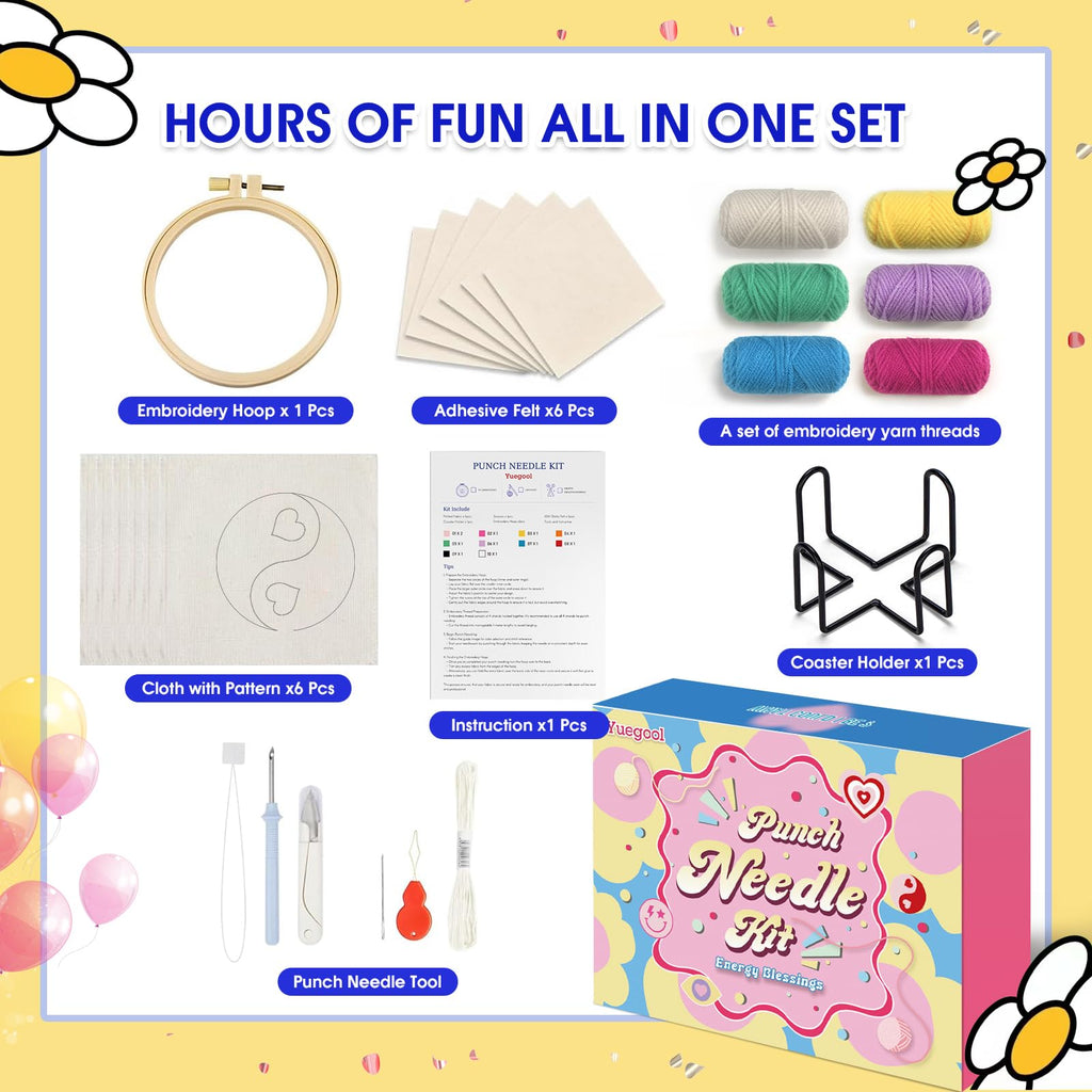 yuegool 6PCS Enchanted Oddities Punch Needle Coasters Kit – Easy DIY Embroidery Kit for Beginners, Adults & Kids | Includes Patterns, Tools, Yarns, Hoop, Instructions, Coaster Holder