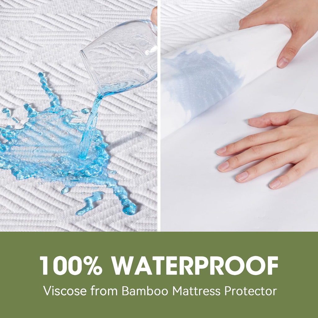 HYLEORY Queen Size Mattress Protector - Waterproof Bamboo-Viscose Cooling Mattress Pad Cover, Breathable 3D Air Fabric, Noiseless Washable Fitted Sheets Protectors with Deep Pocket Up to 21", White