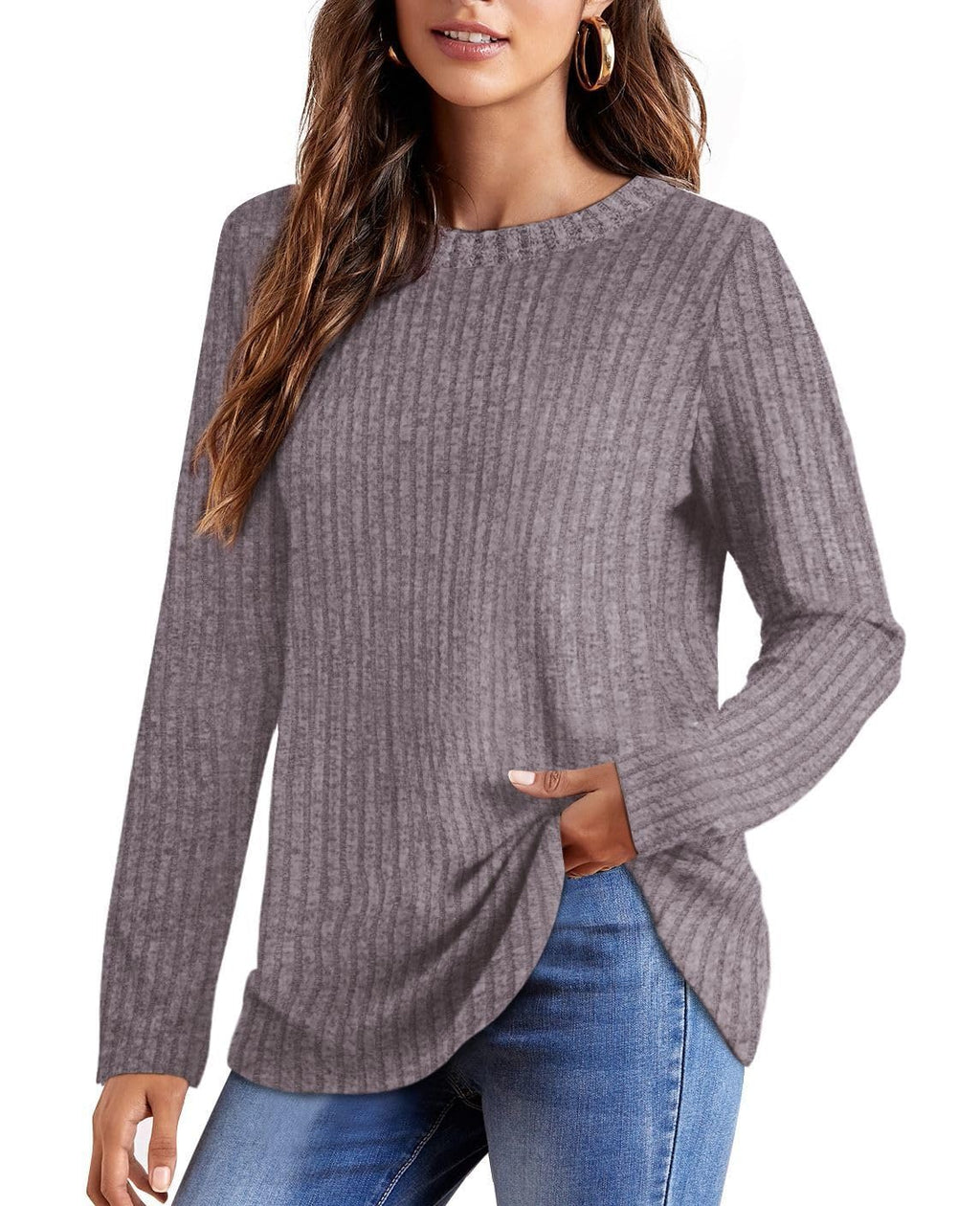 OFEEFAN Long Sleeve Shirts for Women Loose Fit Crew Neck Tunic Tops Blouse Dressy Casual Fall Winter Clothes Outfits