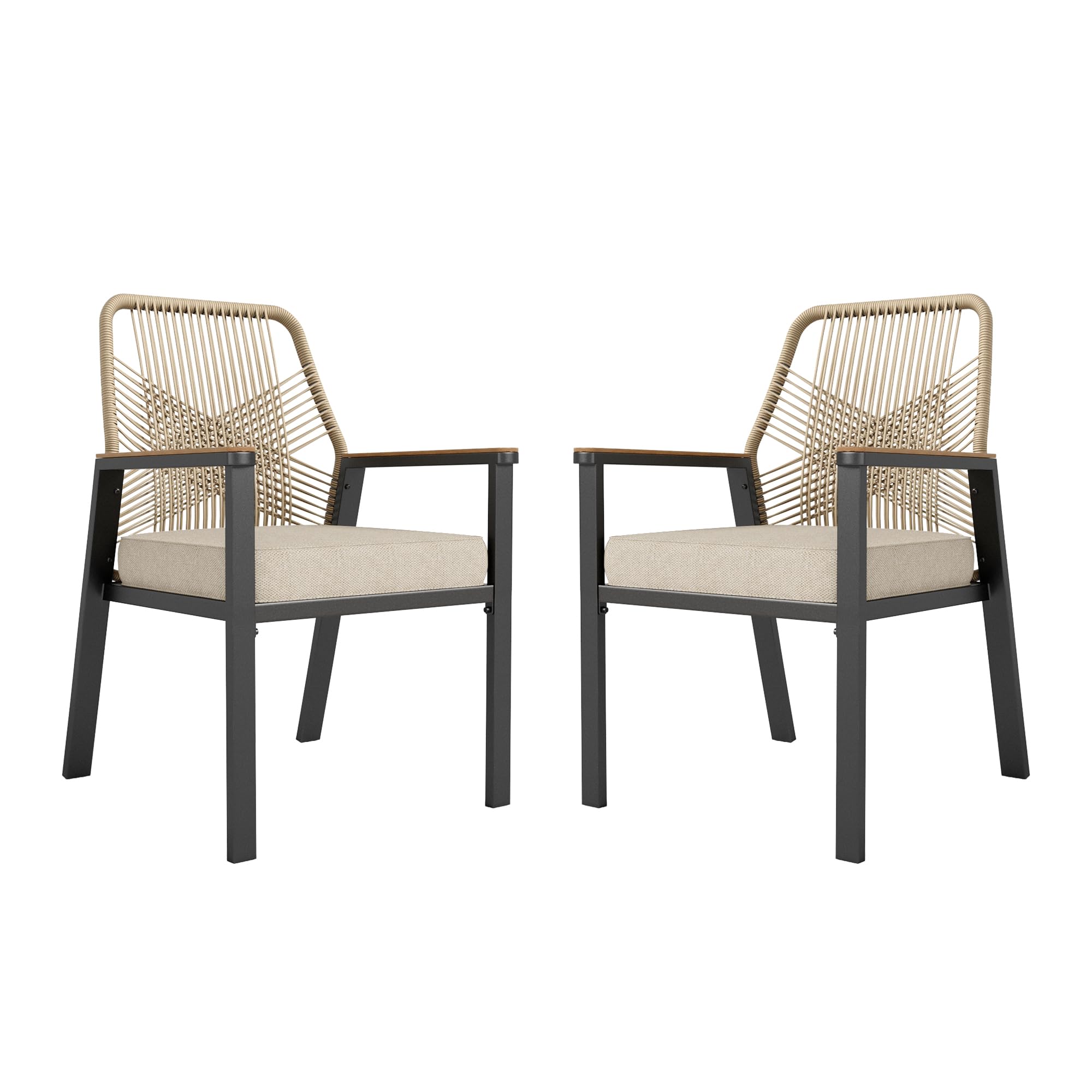 HERA'S HOUSE Outdoor Chairs Set of 2, 36.6" Rattan Dining Chairs with Heavy-Duty Wrought Iron Metal Frame, All-Weather Patio Chair for Garden Lawn Backyard Kitchen Deck