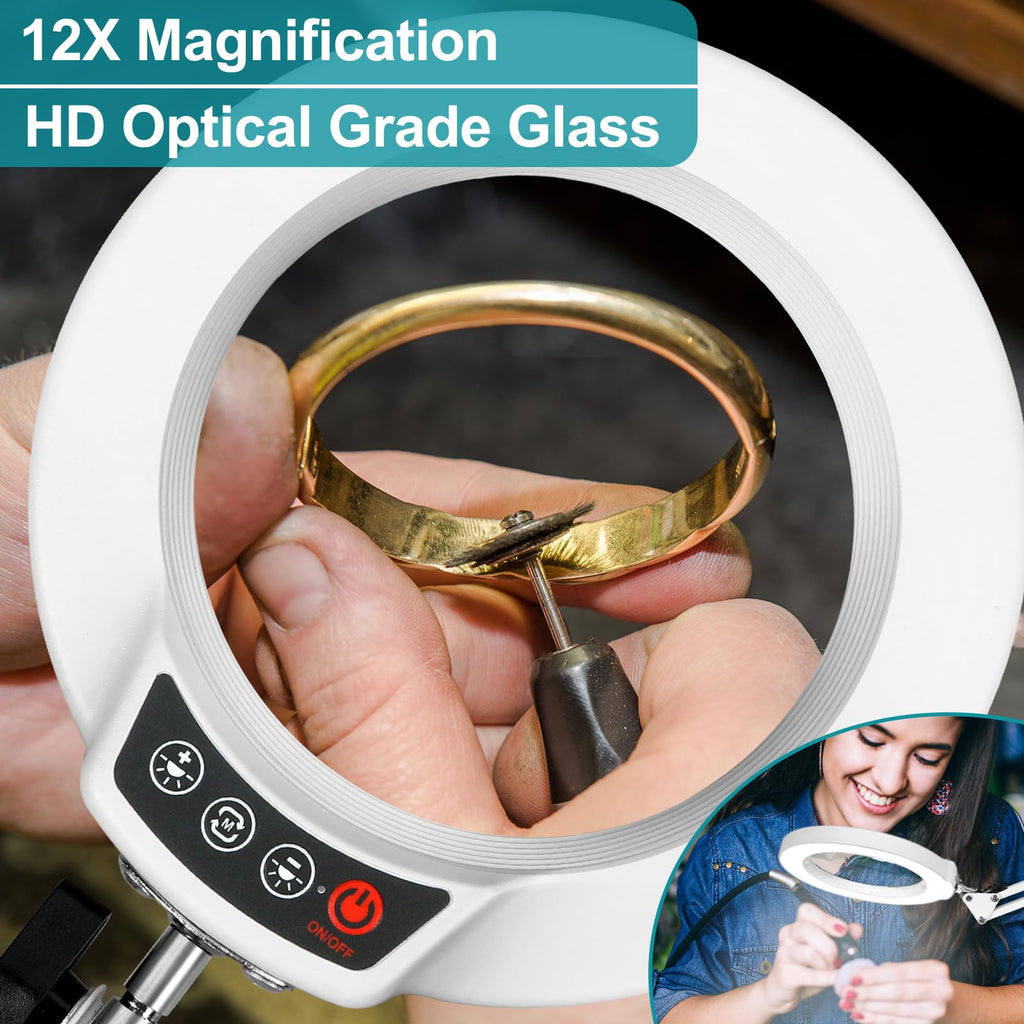 12X Magnifying Glass with Light and Stand, Real Glass, 5 Color Modes, Brightness Stepless Dimmable Lighted Magnifier Hands Free, 2-in-1 Desk Lamp & Clamp Light, Magnifier Lamp for Close Work, Reading
