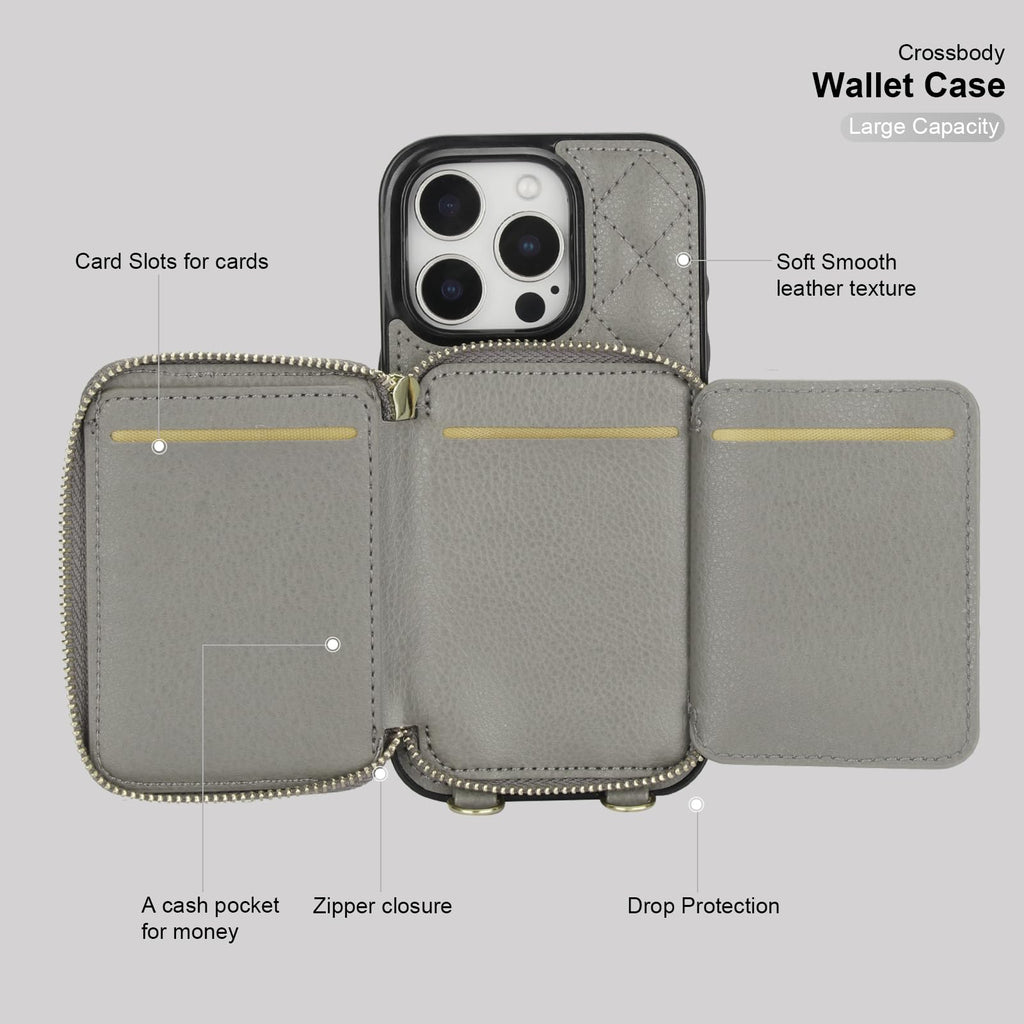 Bocasal Crossbody Wallet Case for iPhone 16 Pro, RFID Blocking PU Leather Zipper Handbag Purse Flip Cover, Kickstand Folio Case with Card Slots Holder Wrist Strap Lanyard 5G 6.3 Inch (Black)