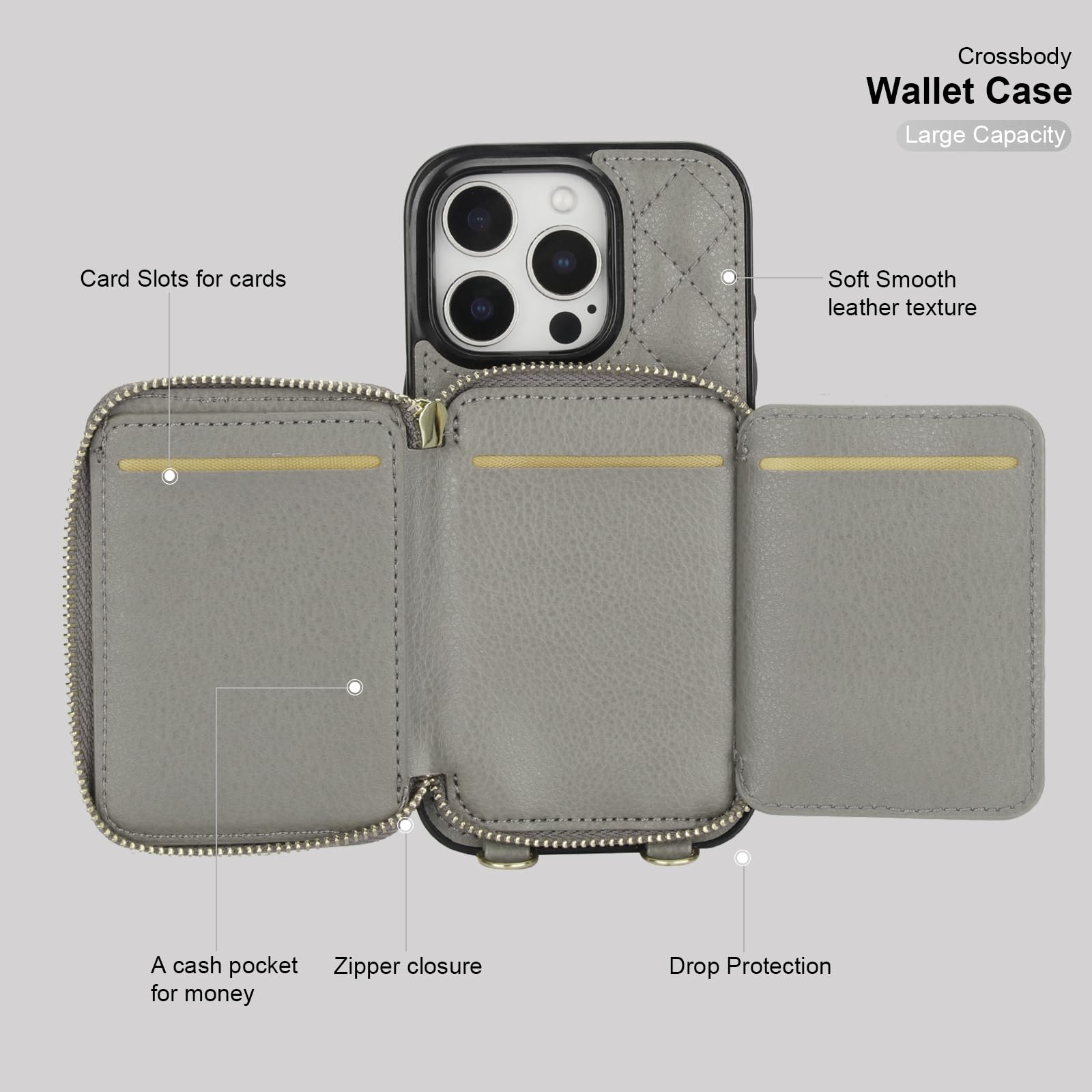 Bocasal Crossbody Wallet Case for iPhone 16 Pro, RFID Blocking PU Leather Zipper Handbag Purse Flip Cover, Kickstand Folio Case with Card Slots Holder Wrist Strap Lanyard 5G 6.3 Inch (Black)