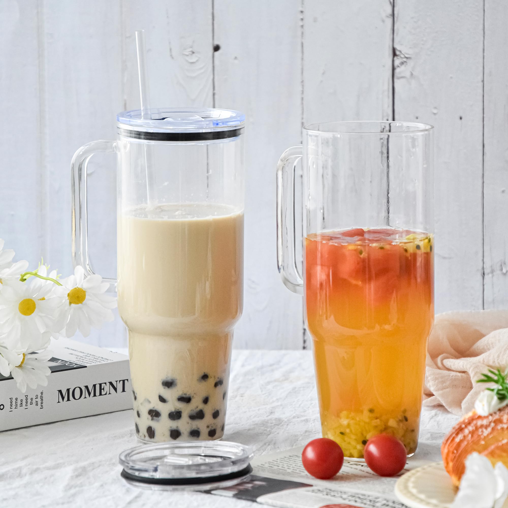 40 oz Glass Tumbler with Handle 12 Pack Glass Tumbler with Straw and Lid Clear Reusable Iced Coffee Cup, Fits Car Cup Holder, BPA Free, for Boba Tea, Juice, Smoothie, Beer(Sublimatable)