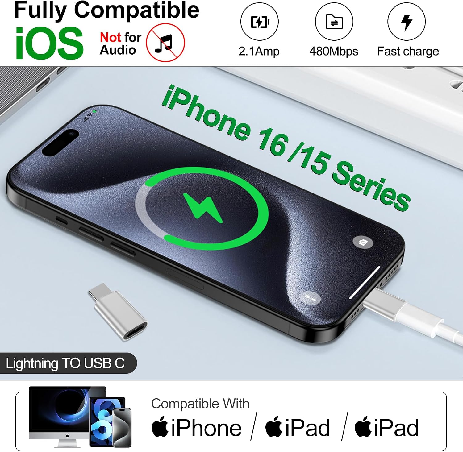 𝟒𝐏𝐚𝐜𝐤 𝐔𝐩𝐠𝐫𝐚𝐝𝐞𝐝 Lightning to USB C Adapter for iPhone 16/15 Pro Max/Plus,Samsung S25,iPad,Not for Audio,Charging & Data Sync ONLY,Type C Charger Connector,for iPhone 16/15 Charger