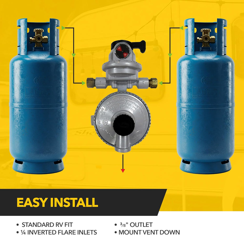 Fairview GR-9984 RV Camper LP Propane 2-Stage Automatic Changeover Regulator – Dual Tank Auto Changeover, 345,000 BTU, 11" WC, 3/8" NPT Outlet, 1/4" Inverted Flare Inlets, 8" x 4" x 3"