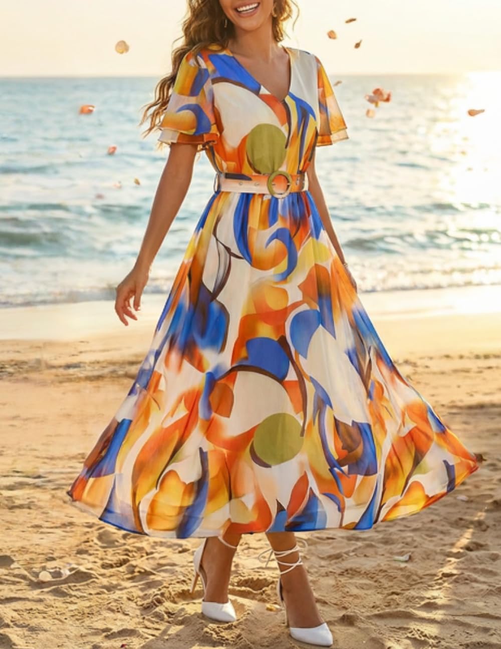 ZESICA Women's 2026 Summer Floral V Neck Midi Dress Boho Short Sleeve High Waist Flowy Beach Vacation Dresses with Belt