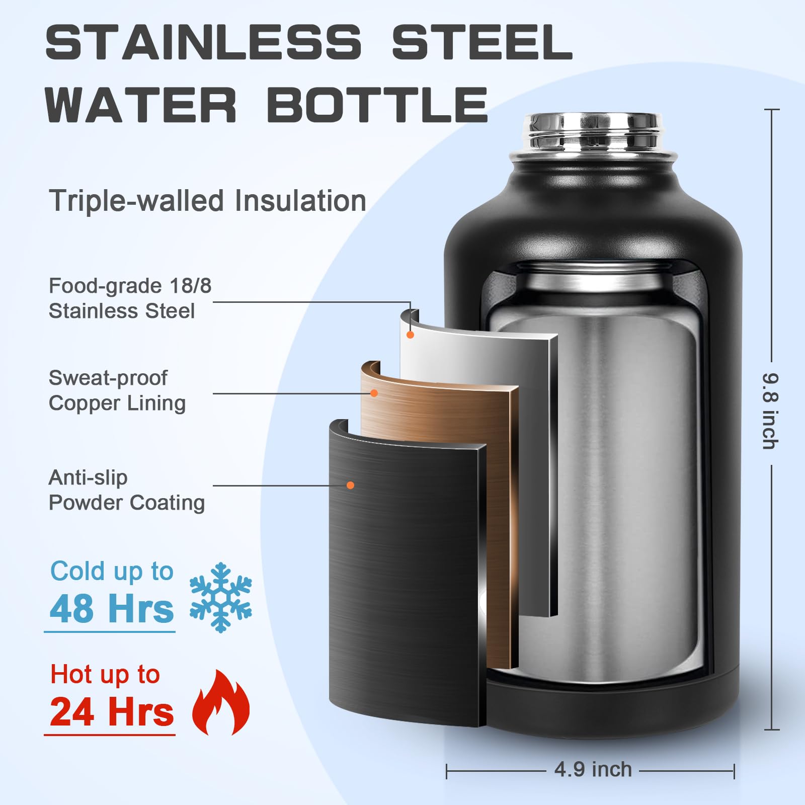 GAZLEMHO 40 oz Insulated Water Bottle with Straw& Spout 2-in-1 Lid, Triple Wall Vacuum Stainless Steel Cold 48H, Leak Proof Sports Metal Flask Jug with Paracord Handle, Black