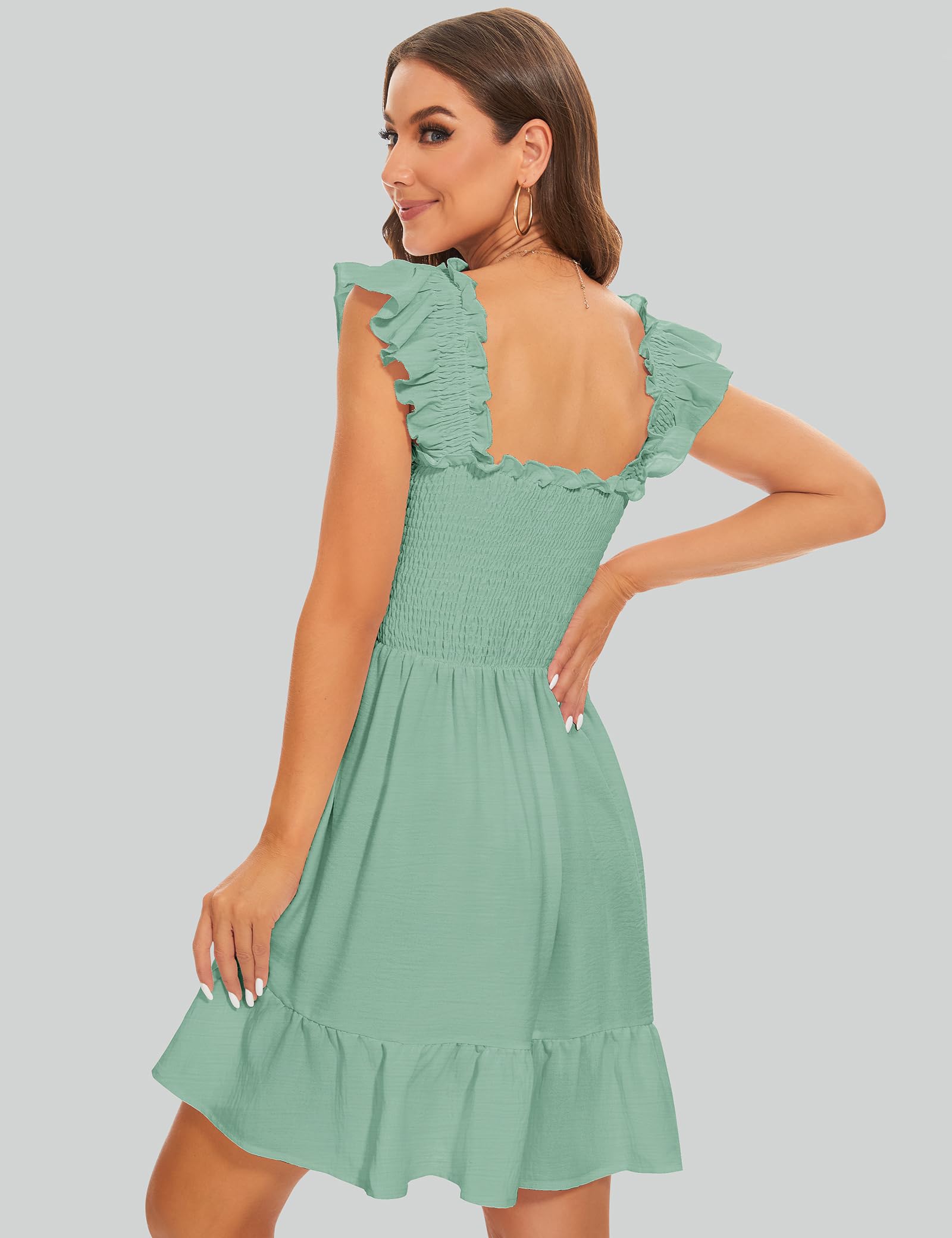 ROYLAMP Women's Smocked Dresses Square Neck Elegant Tiered Boho Ruffle Shoulder Swing Flowy Summer Casual Mini Dress