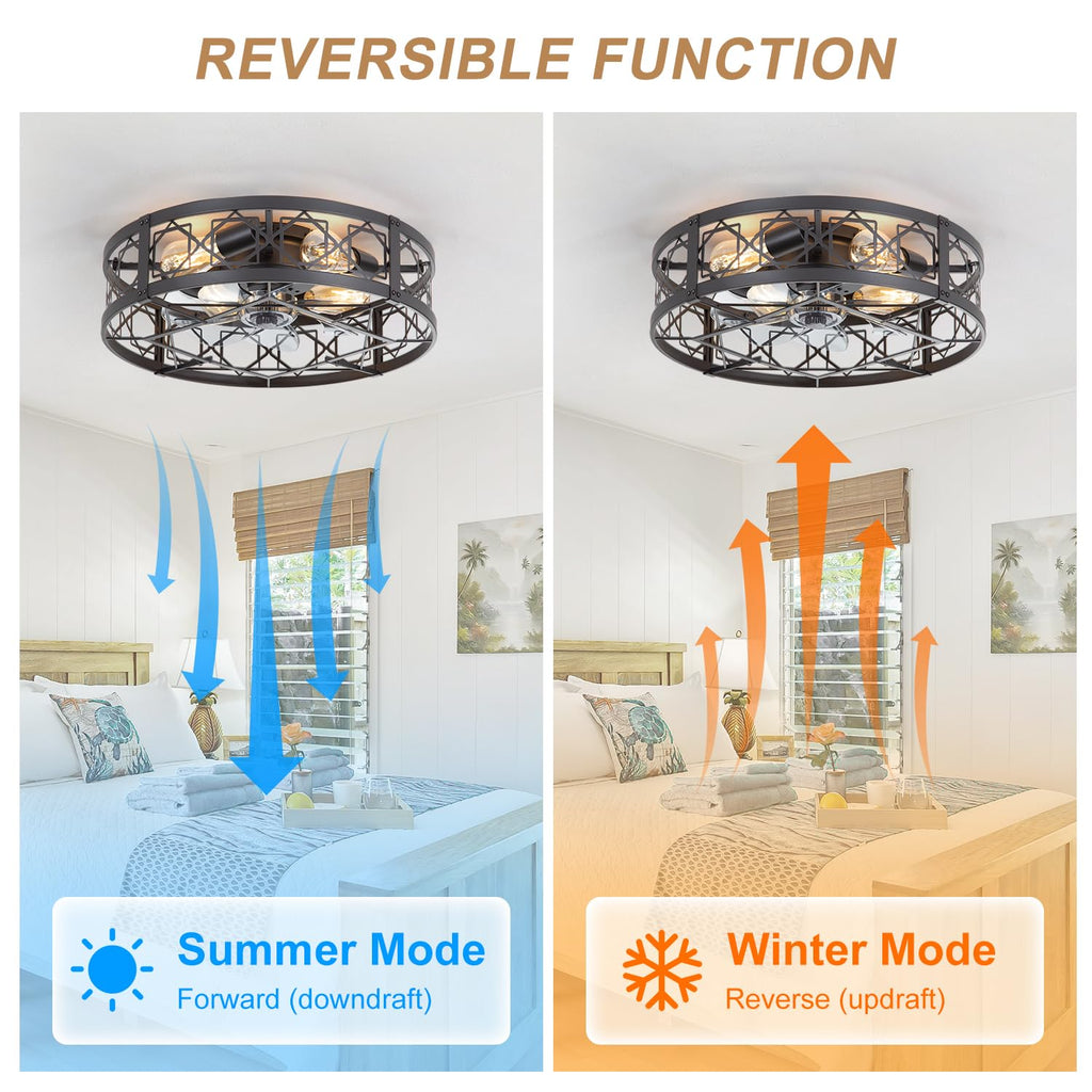 ZYD Caged Ceiling Fan with Light, 20" Ceiling Fan with Lights and Remote Flush Mount, Bladeless Caged Ceiling Fans with Lights, Matte Black Rustic Fan for Bedroom, Kitchen, Dining Room
