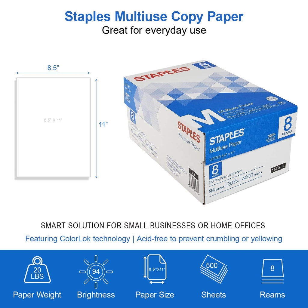 Staples Multiuse Copy Paper, 20 Lb, 94 Bright, 8 1/2" x 11", White, 3-Ream Case, For Office, School & Home