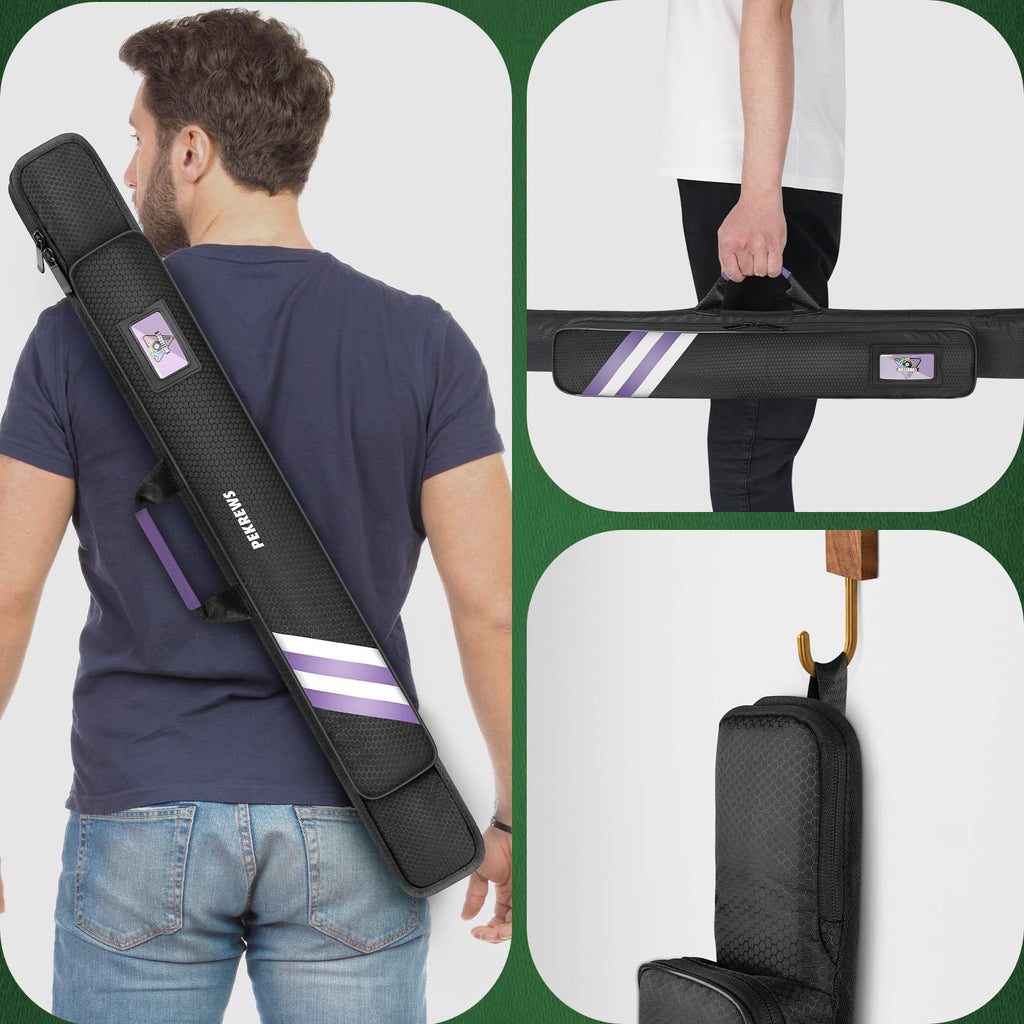 PEKREWS Pool Cue Case, Soft Pool Stick Case 1x1 Holds 1 Butt and 1 Shaft with Queue Zipper Pocket, Sturdy Polyester Billiard Cue Bag with Shoulder Strap Handle, Billiard Stick Bag for Men and Women