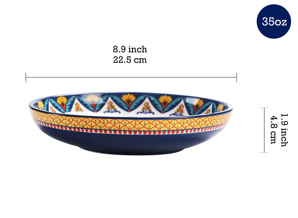 Bico Blue Talavera Pasta Bowls, 35oz Salad Bowl Set of 4, Large Ceramic Serving Dinner Bowls for Soup and Cereal, Microwave and Dishwasher Safe, Gift for Housewarming and Thanksgiving
