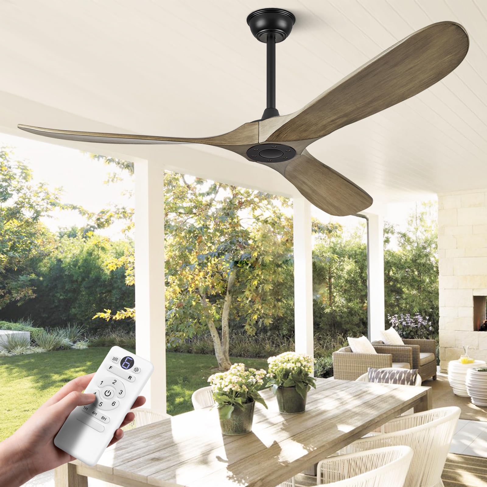 ABZ Ceiling Fans without Lights - 52 Inch Modern Ceiling Fans no Lights with Remote Control, Black 3 Blade Solid Wood Indoor Outdoor Ceiling Fans for Patios Living Room Bedroom