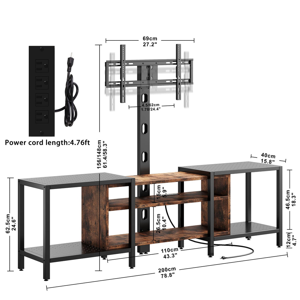 IRONCK 79 Inch TV Stand for TVs up to 85 Inch with Mount and Power Outlet, 3 Tiers TV Console with Storage Shelves, Entertainment Center, Steel Frame, for Living Room, Bedroom, Black
