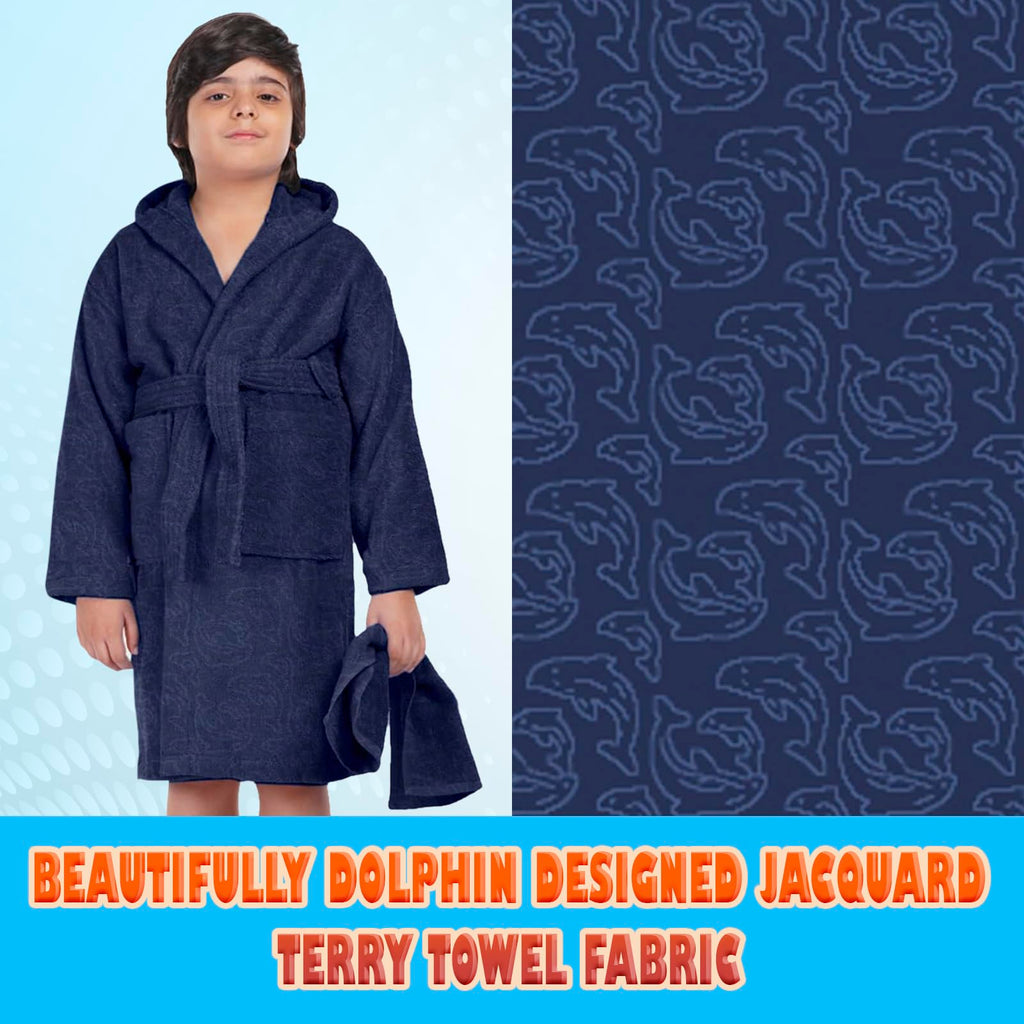 ALLEN & MATE 100% COTTON Hooded Kids Bathrobe – Soft, Medium Weight Absorbent Bath Towel Robe for Boys & Girls, 6-15 Years