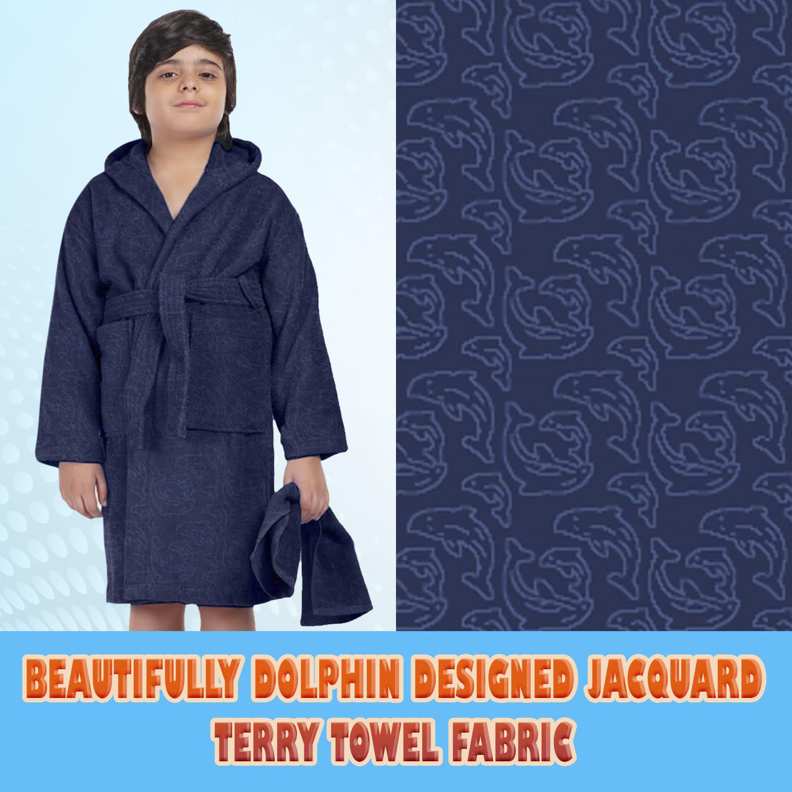 ALLEN & MATE 100% COTTON Hooded Kids Bathrobe – Soft, Medium Weight Absorbent Bath Towel Robe for Boys & Girls, 6-15 Years