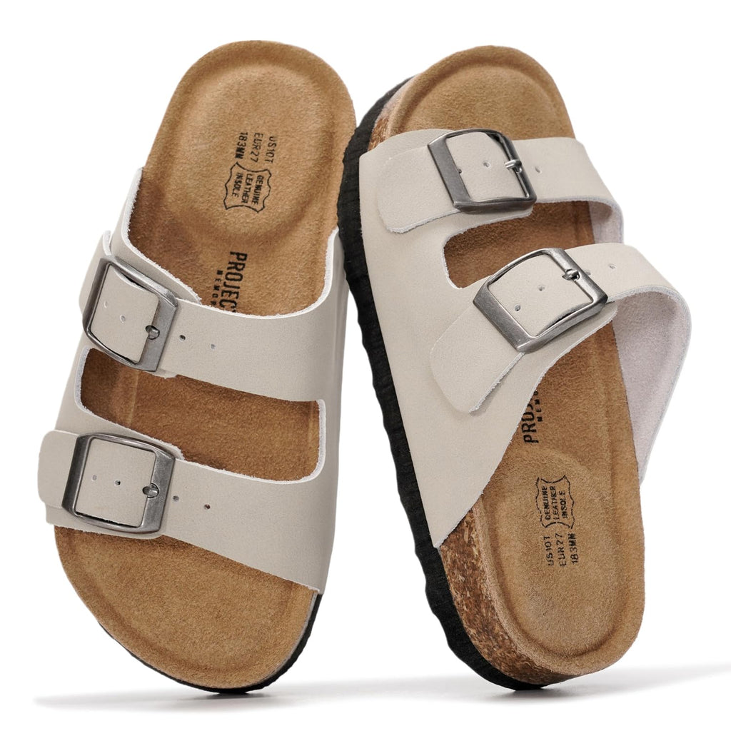 Project Cloud Kids Sandals 100% Genuine Leather - Natural Cork Footbed Non-Slip Slides for Kids - Lightweight Boys & Girls Sandals - Water-Resistant Girls & Boys Sandals