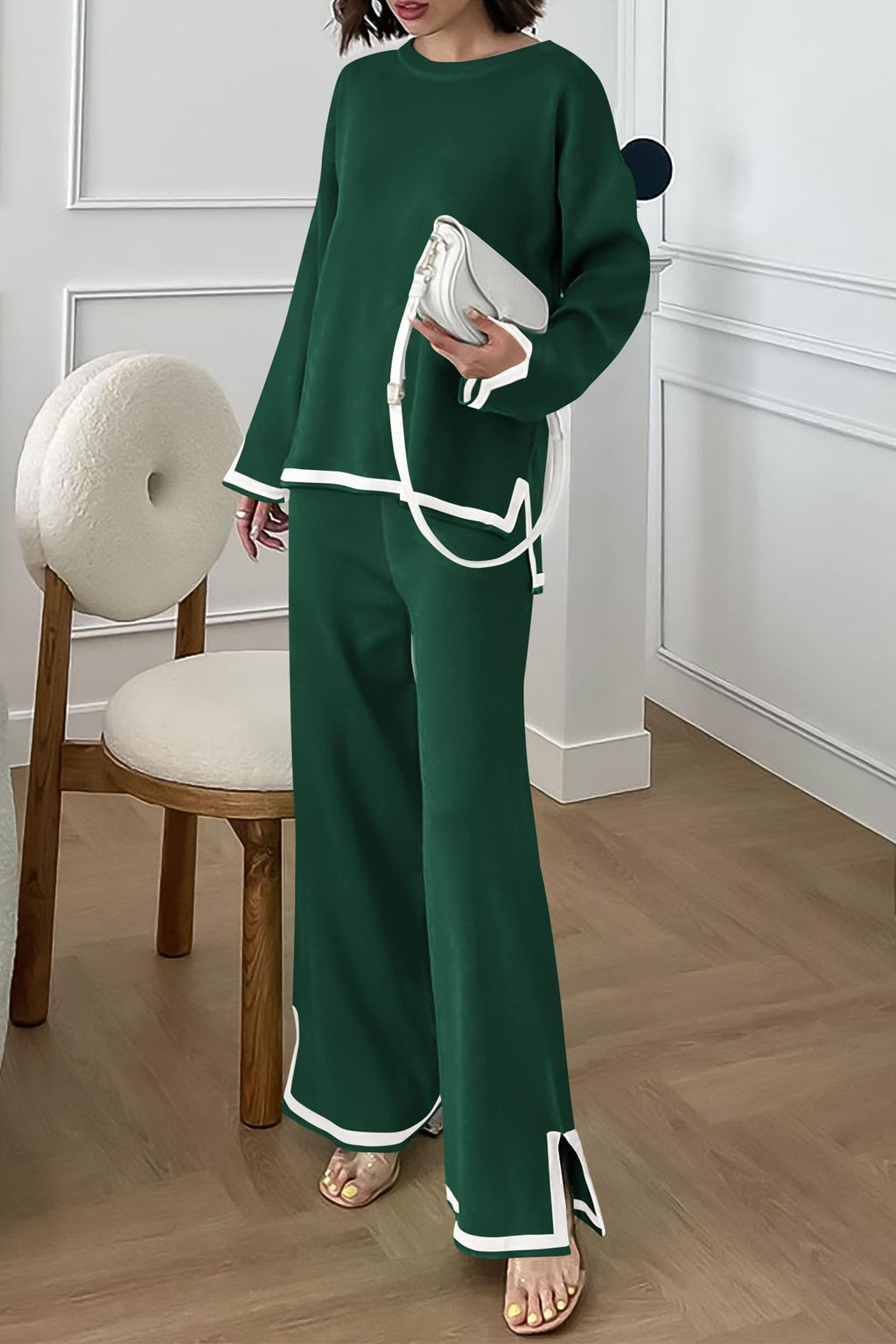 PRETTYGARDEN Women's 2 Piece Knit Sweater Set Travel Outfits | Long Sleeve Tops, Wide Leg Pants, Soft Matching Sweat Track Suits, Casual Fall Winter Clothes for Brunch, Going Out & Cruise