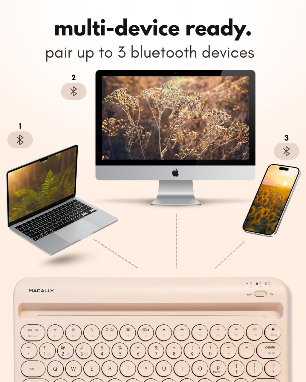 Macally Bluetooth Keyboard for Tablet | Wireless Keyboard for iPad mini/Air/Mini, iPhone (Multi-Device, Built-in Stand, Rechargeable) Easy to Use and Cute Portable