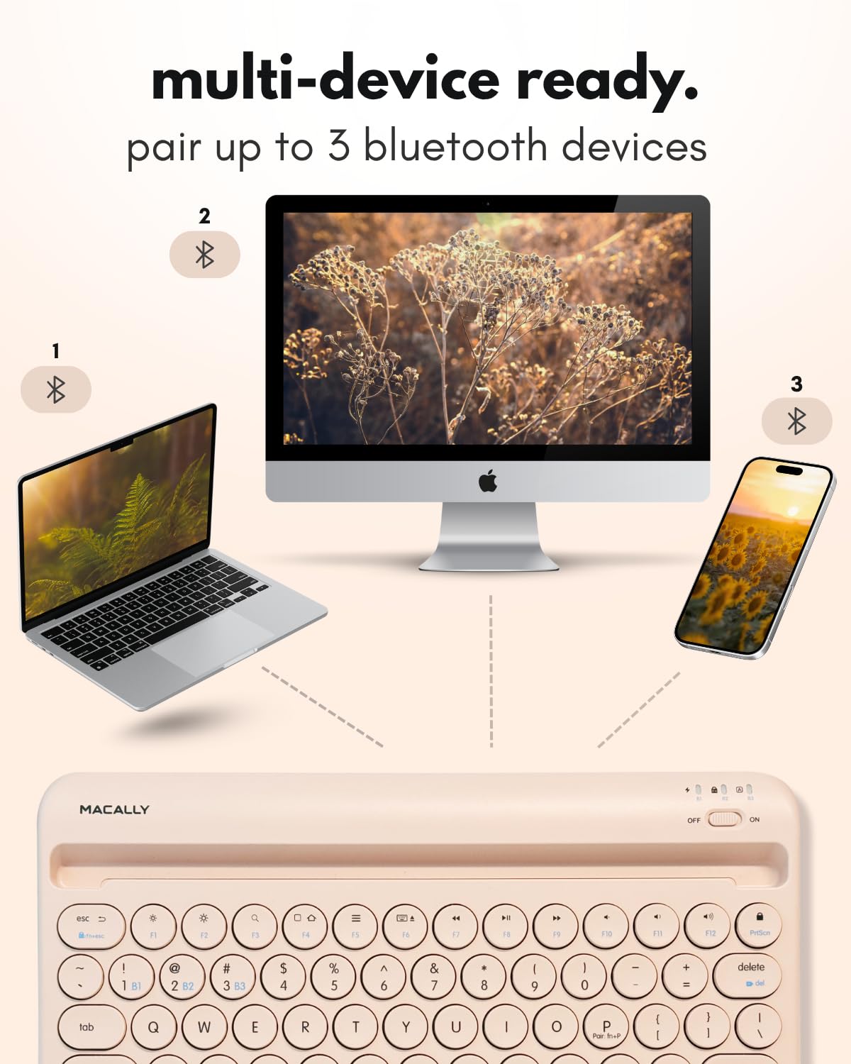 Macally Bluetooth Keyboard for Tablet | Wireless Keyboard for iPad mini/Air/Mini, iPhone (Multi-Device, Built-in Stand, Rechargeable) Easy to Use and Cute Portable