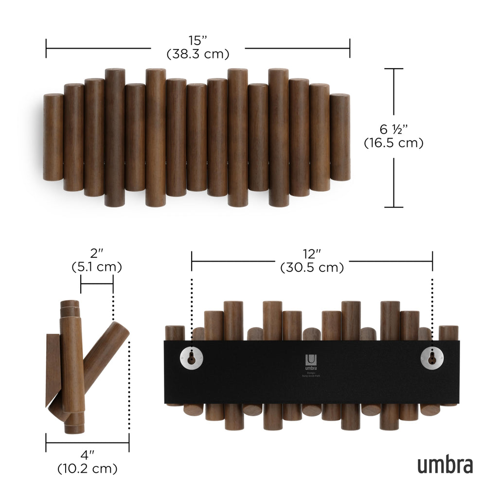 Umbra Picket Wall-Mounted Coat Rack Rail Hook with 5 Retractable Wood Pegs – Modern, Space-Saving Storage Organizer, Black