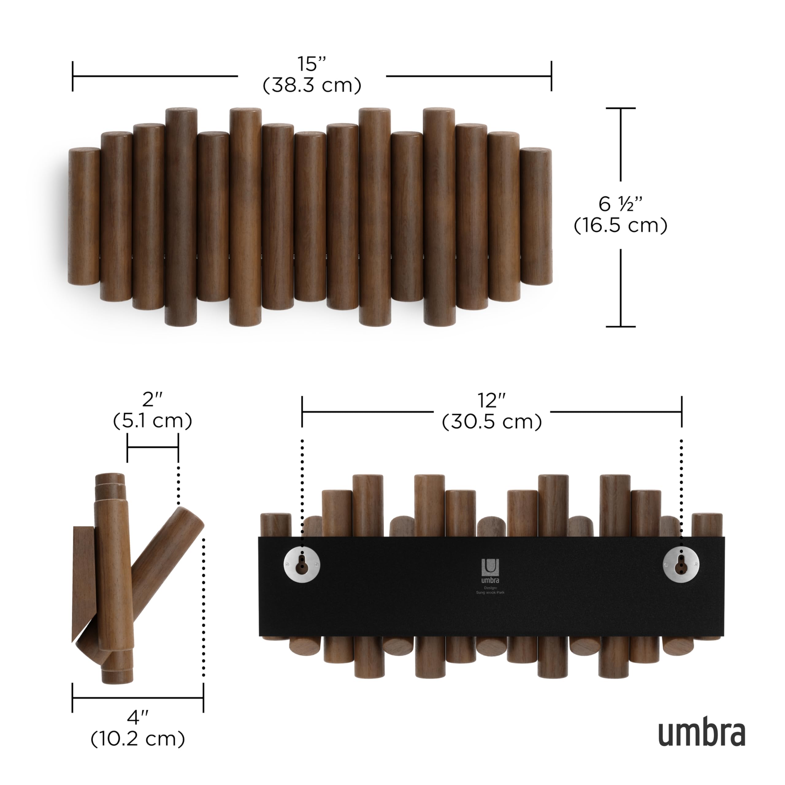 Umbra Picket Wall-Mounted Coat Rack Rail Hook with 5 Retractable Wood Pegs – Modern, Space-Saving Storage Organizer, Black