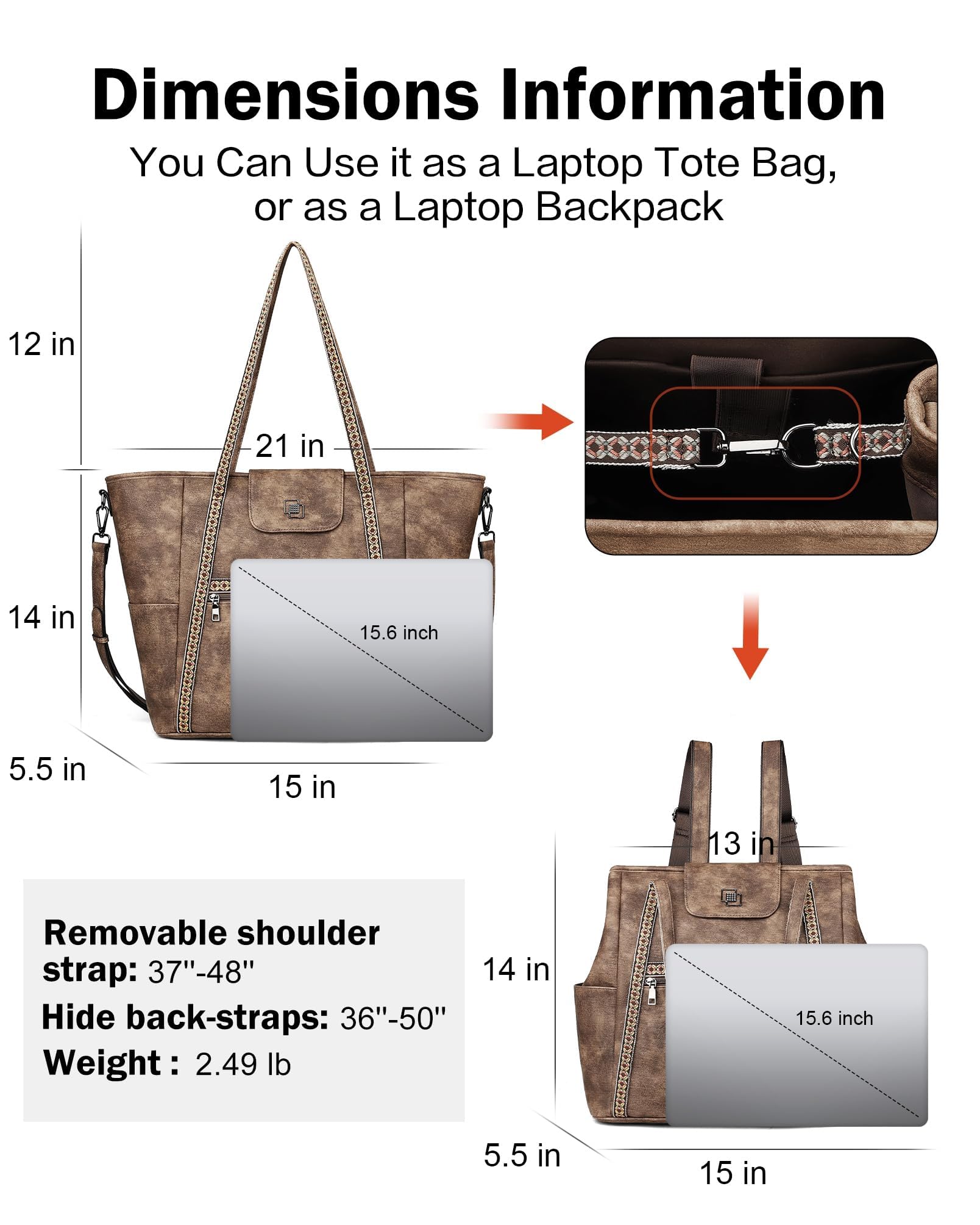 FADEON Large Laptop Tote Bag for Women Designer Leather Laptop Bag Fashion Travel Backpack Purse Shoulder Handbag