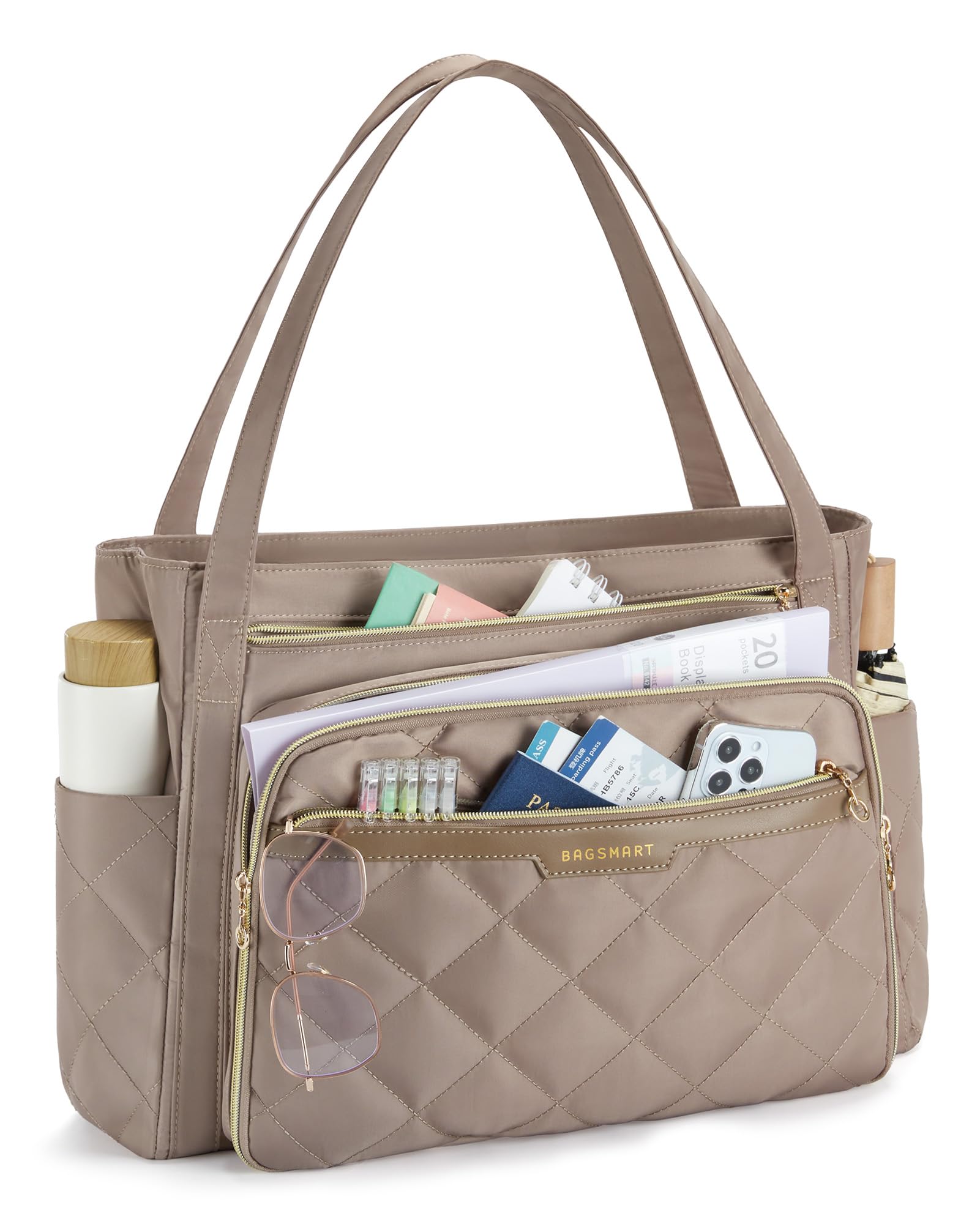 BAGSMART Teacher Tote Bag for Women 15.6in Quilted with Insulated Pocket & Nurse Bag Features (Black)