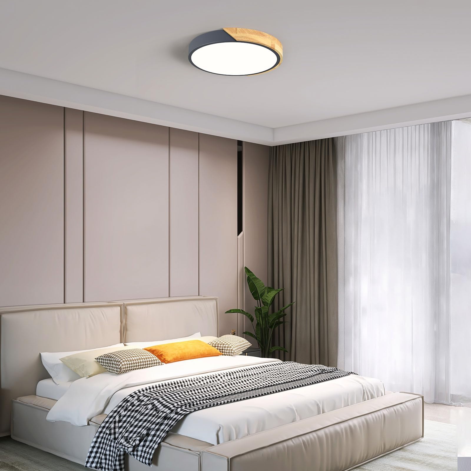 Modern LED Ceiling Light, Minimalist Wood Dimmable Flush Mount Ceiling Light Fixture, Round 5CCT Lighting Lamp with Acrylic Lampshade for Bedroom Hallway Kitchen Laundry, Black 11.8"