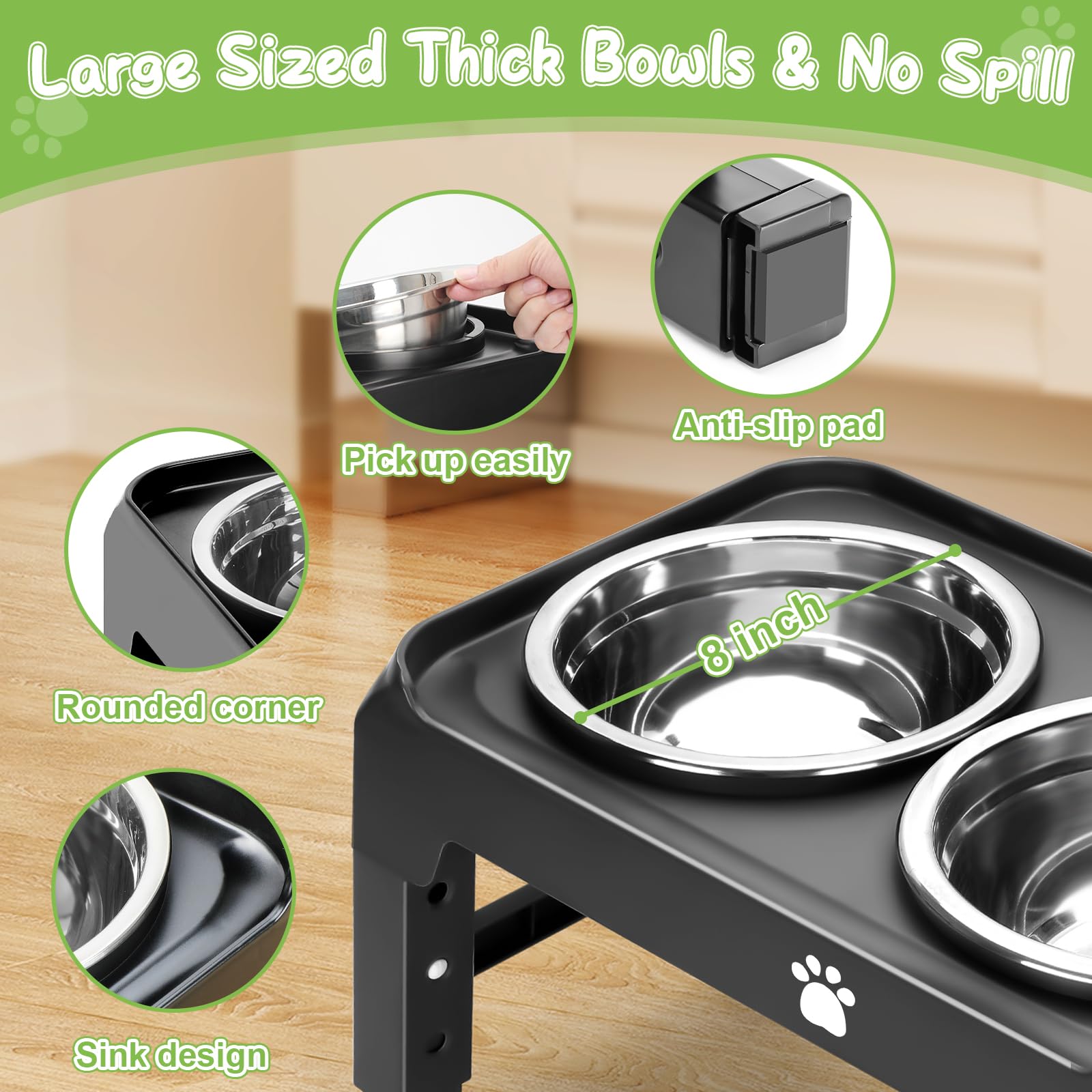 Elevated Dog Bowls 3 Height Adjustable Raised Bowl Stand with 25oz Stainless Steel Dog Food Bowls Anti-Slip for Small Dogs Adjusts to 7.5", 6", 2.75", Black