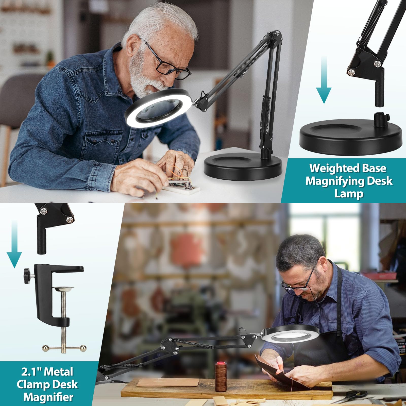 12X Magnifying Glass with Light and Stand, Real Glass, 5 Color Modes, Brightness Stepless Dimmable Lighted Magnifier Hands Free, 2-in-1 Desk Lamp & Clamp Light, Magnifier Lamp for Close Work, Reading