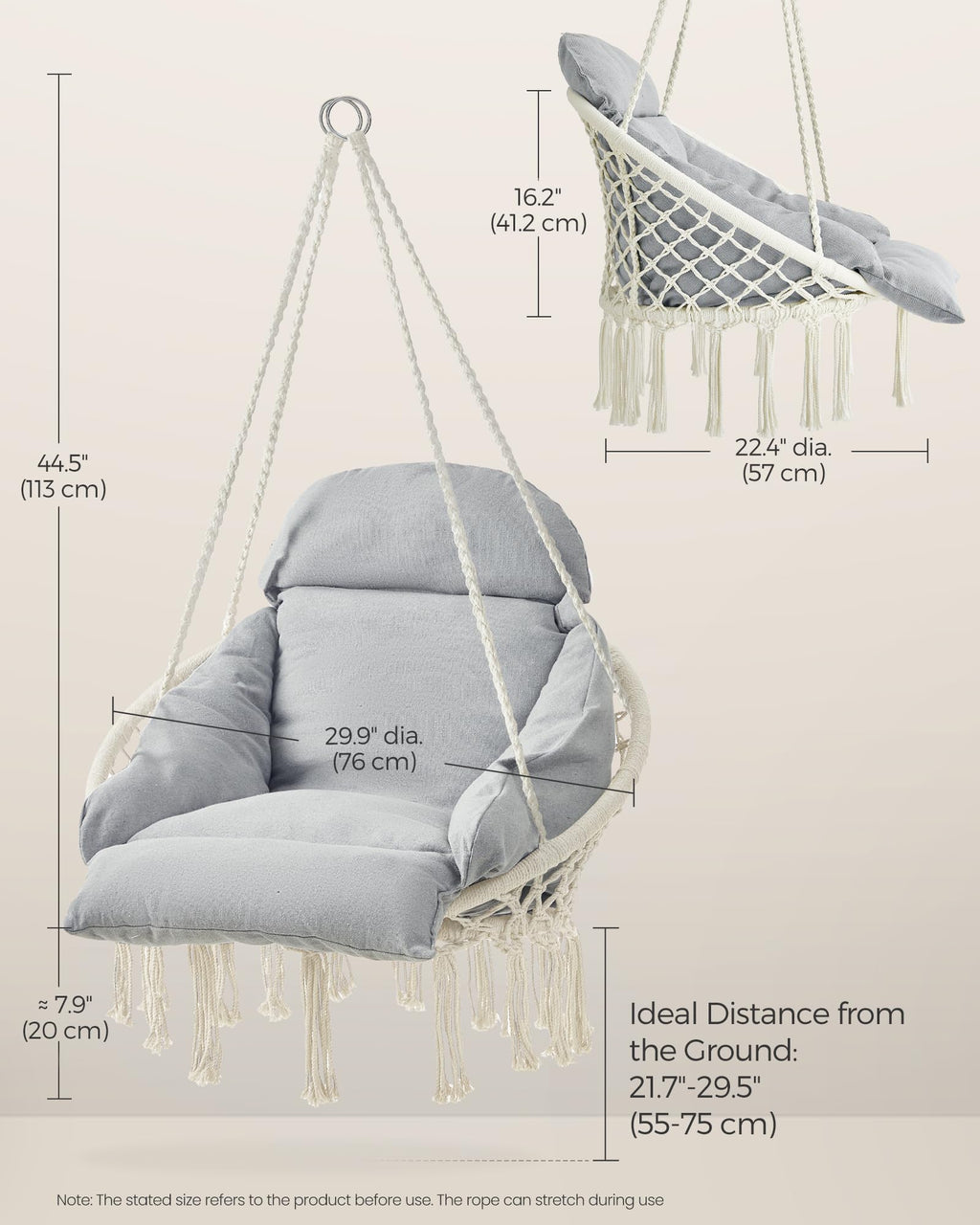 SONGMICS Hanging Chair, Hammock Chair with Large, Thick Cushion, Boho Swing Chair for Bedroom, Patio, Balcony, Garden, Holds up to 264 lb, Accessories Included, Cream White UGDC042M01