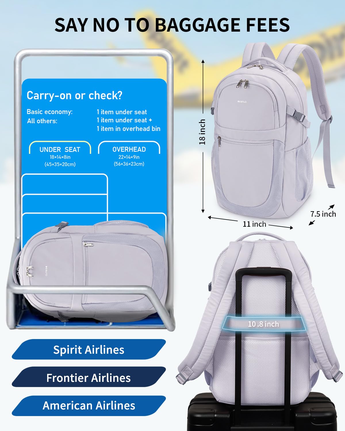 ECOHUB Travel Backpack for Women, 17.3 inch Suspended Laptop Backpack, Fashion Slim Water-Resistant College Computer Bookbag, 28L Personal Item Bag with 12 Pockets for Causal, Work, Beige