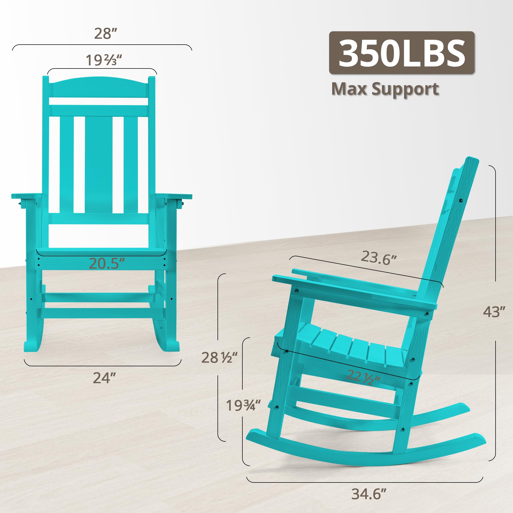 LUE BONA Rocking Chair Outdoor, Weather Resistant HDPS Plastic Rocker Chairs, 350lb Heavy Duty, Oversized Porch Rocker for Adult, High Back Smooth Rocking Chairs for Outdoor & Indoor, Aruba Blue