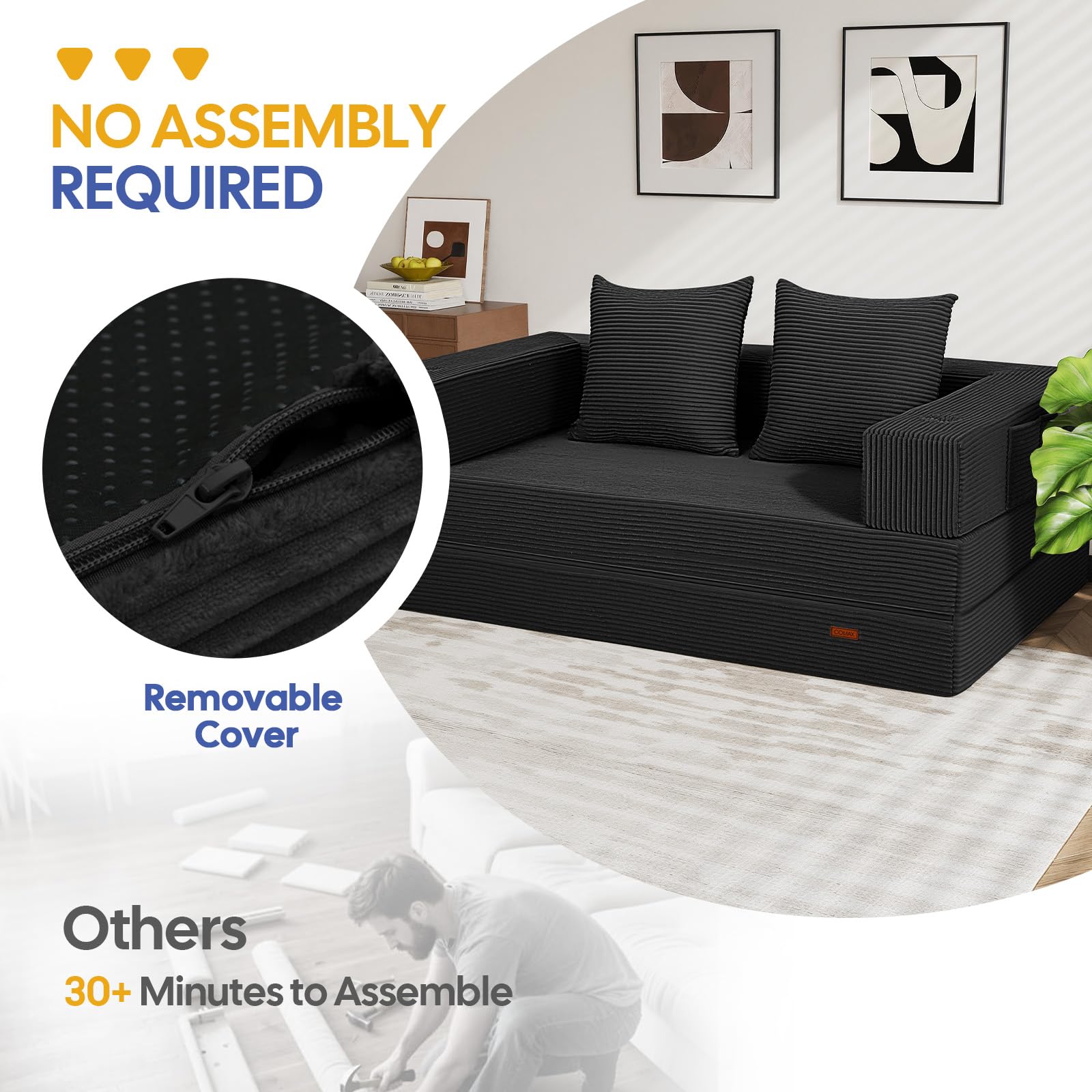 COMAX Futon Sofa Bed, 4‑in‑1 Convertible Sofa Bed, Folding Boneless Couches | Boneless Couch for living room, Fold Out Small Foldable Loveseat Floor Sleeper Mattress Lounge Space‑Saving, Ash Gray