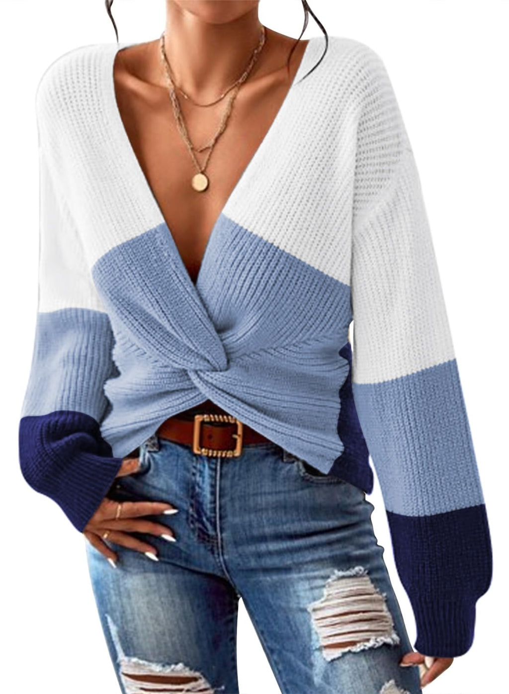 Pink Queen Women's 2026 Twist Knot Cropped Sweater V Neck Long Sleeve Knit Pullover Top Casual Fall Fashion Clothes
