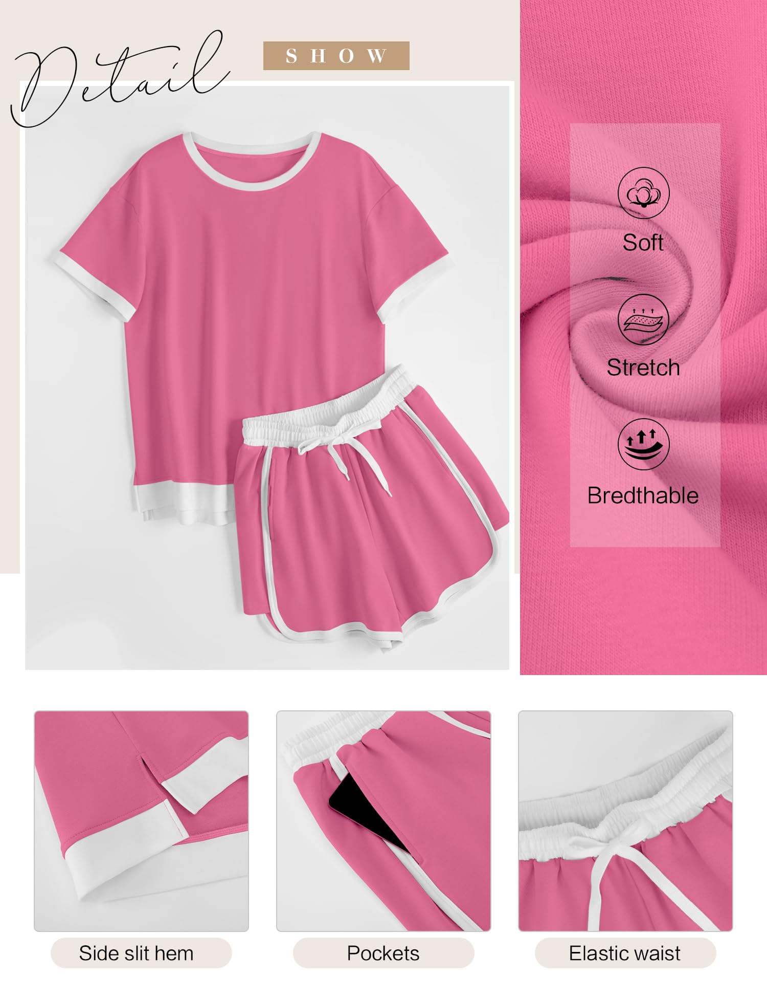 AKEWEI Shorts Sets Women 2 Piece Outfits Casual Short Sleeve Crewneck Tops and Drawstring Shorts Color Block Sets
