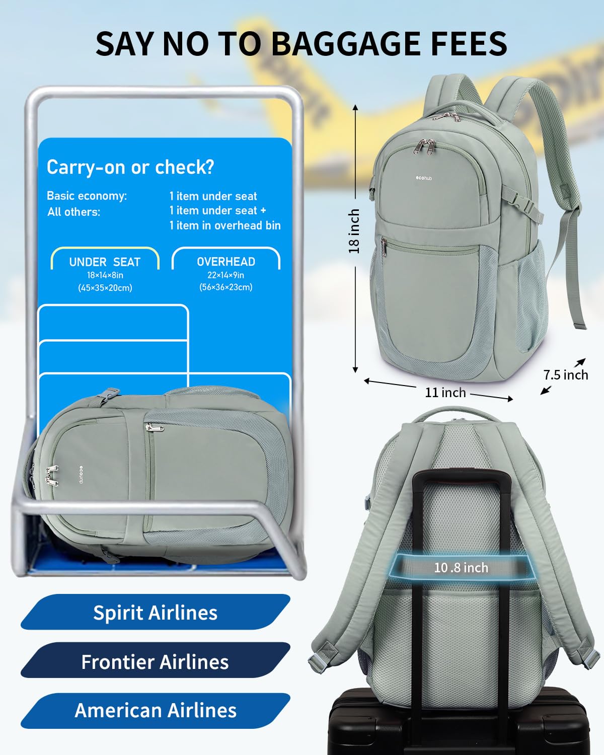 ECOHUB Travel Backpack for Women, 17.3 inch Suspended Laptop Backpack, Fashion Slim Water-Resistant College Computer Bookbag, 28L Personal Item Bag with 12 Pockets for Causal, Work, Beige