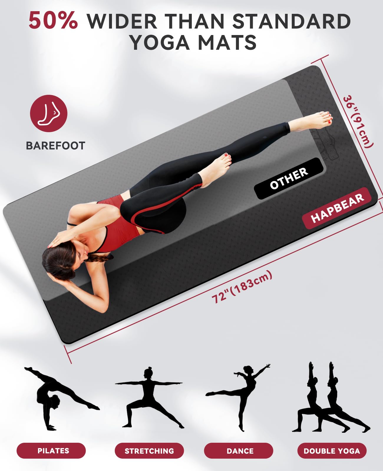 HAPBEAR Large Yoga Mat - 72"x36"x6mm (1/4 inch), Extra Wide Non-Slip Exercise Mat for Home Workout, Yoga, Pilates & Stretching, Durable, Includes Carry Bag