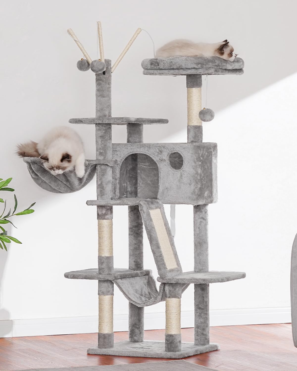 Hey-brother Cat Tree, 53 inch Cat Tower for Indoor Cats, Cat House with Padded Platform Bed, Toy Balls, Large Cozy Condo, Hammocks and Sisal Scratching Posts, Beige MPJ019-SM
